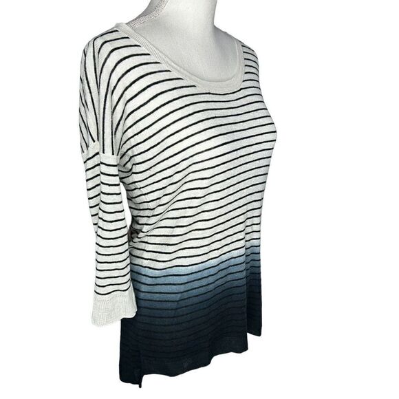 Theory Women’s SZ S Striped Blue Dip Dye Tunic 3/4 Linen Scoop Neck Sweater - Picture 2 of 5